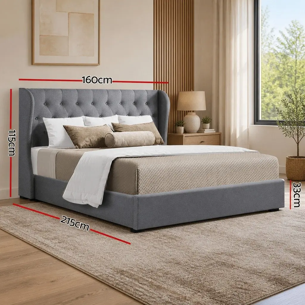 Queen Size Gas Lift Bed Frame with Storage Grey Upholstered Padded Headboard