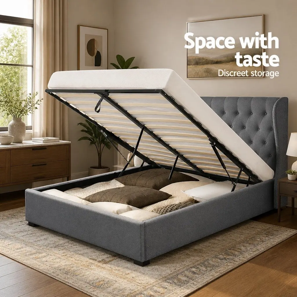 Queen Size Gas Lift Bed Frame with Storage Grey Upholstered Padded Headboard