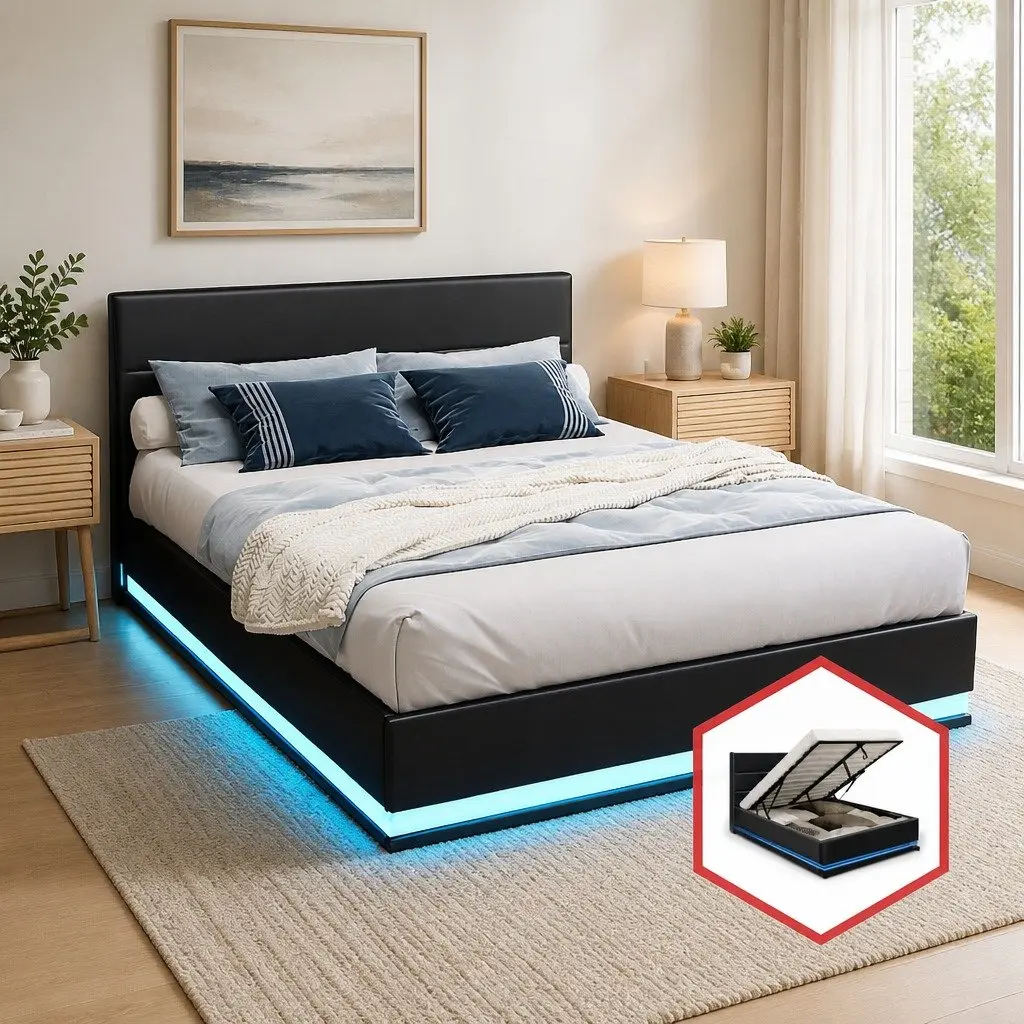 Double Size Bed Frame with Gas Lift Storage Black PVC Leather Upholstered with LED Lighting