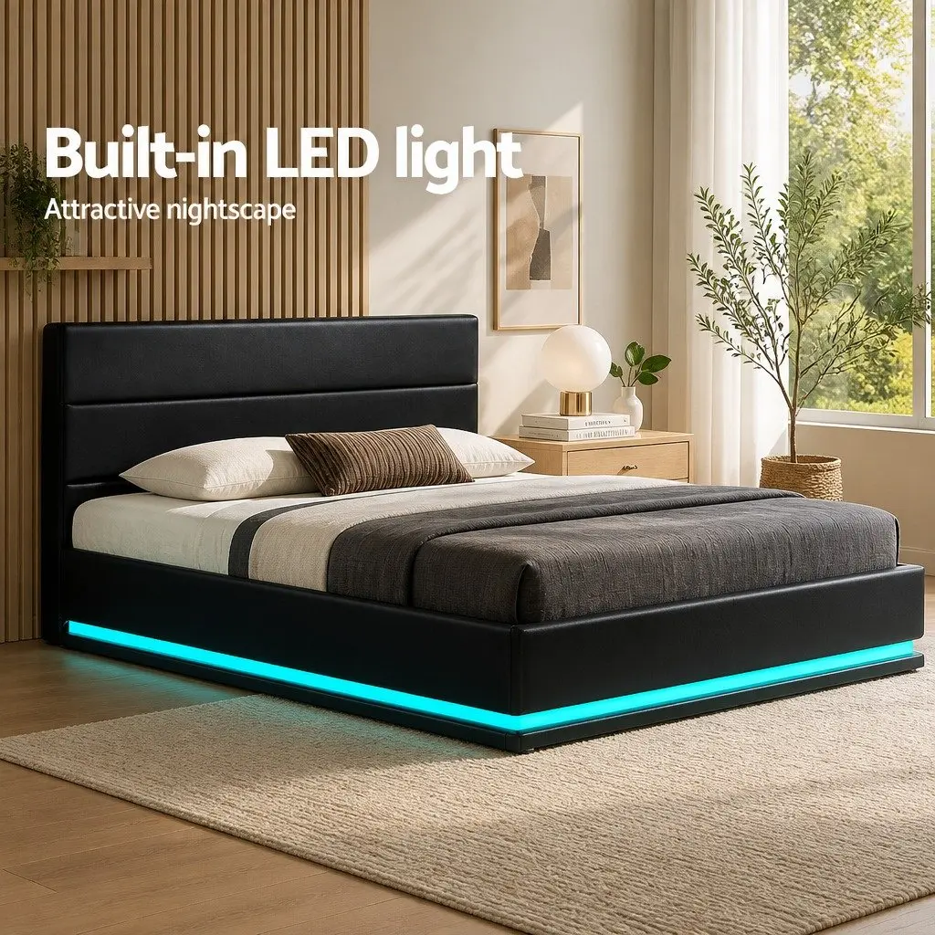Double Size Bed Frame with Gas Lift Storage Black PVC Leather Upholstered with LED Lighting
