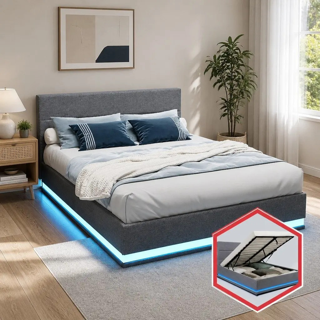 Queen Size Bed Frame Gas Lift Storage with LED Light Grey Upholstered Headboard