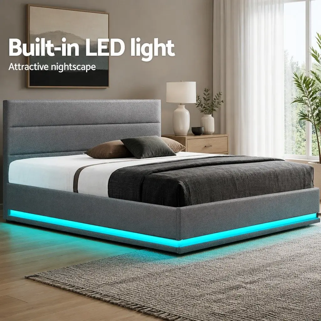 Queen Size Bed Frame Gas Lift Storage with LED Light Grey Upholstered Headboard