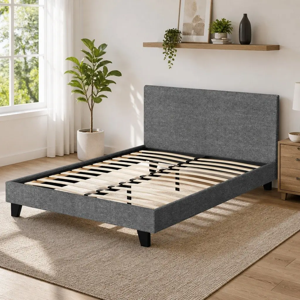 Double Bed Frame Grey Upholstered with Solid Wood Base