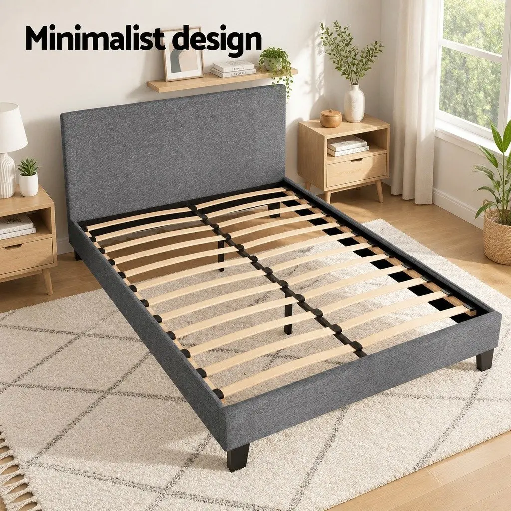 Double Bed Frame Grey Upholstered with Solid Wood Base