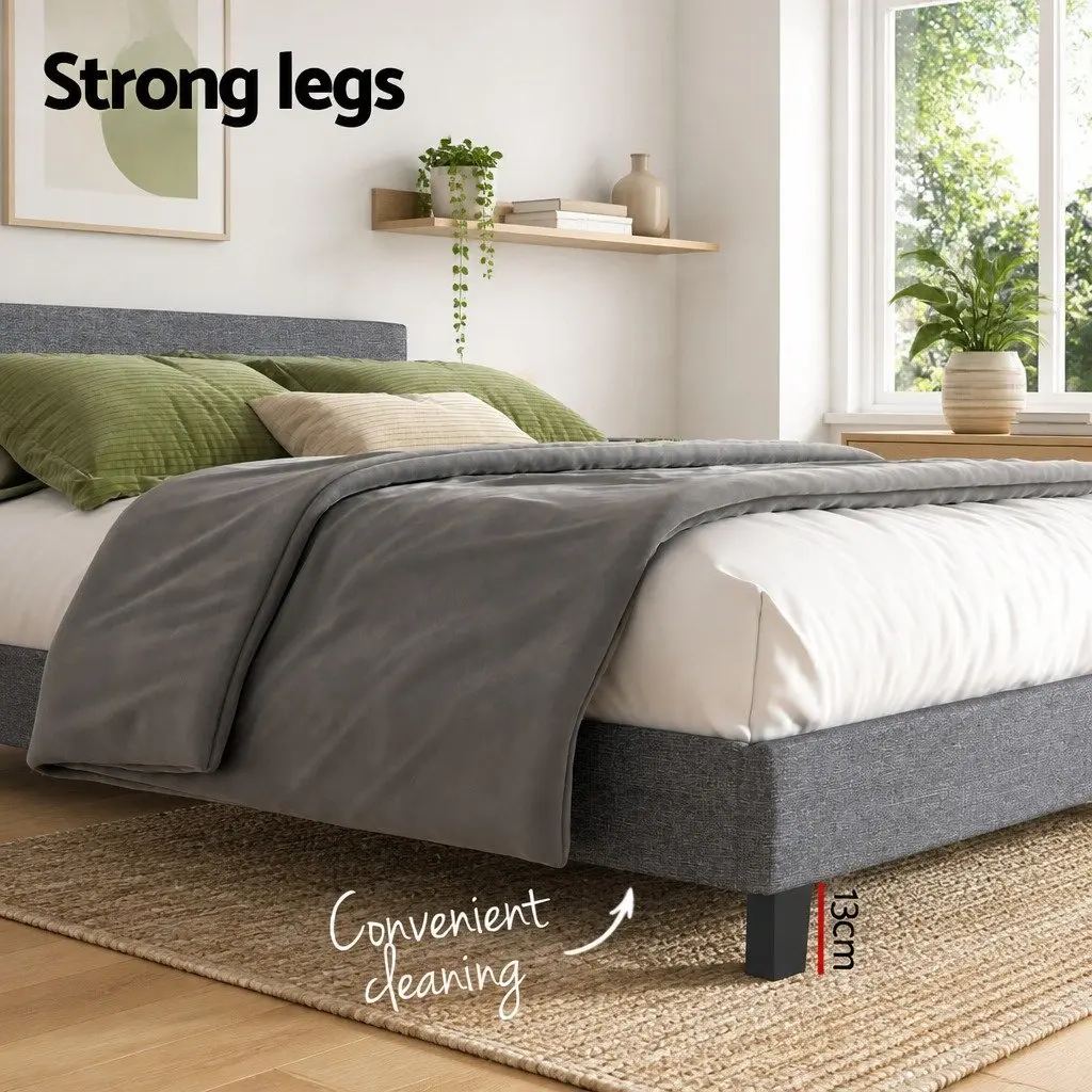 Double Bed Frame Grey Upholstered with Solid Wood Base