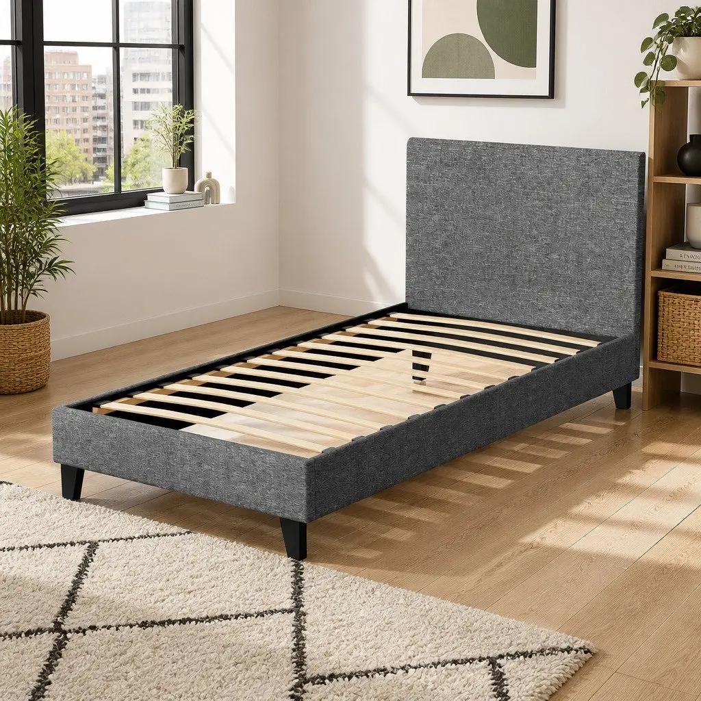 Grey Upholstered Single Bed Frame