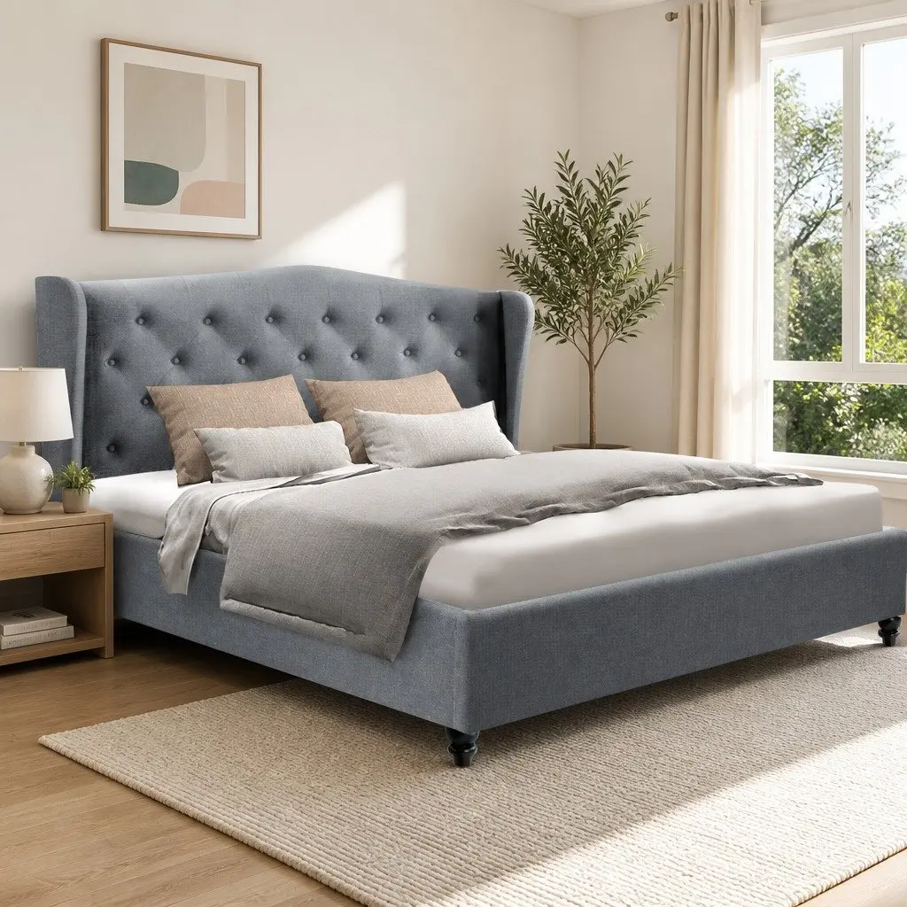 Double Bed Frame with Upholstered Headboard in Grey Steel Frame and Wooden Slat Base for Bedroom 190x137cm