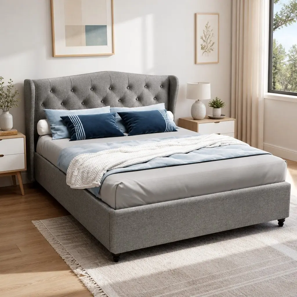 Double Bed Frame with Upholstered Headboard in Grey Steel Frame and Wooden Slat Base for Bedroom 190x137cm
