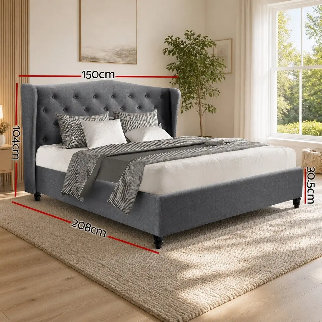 Double Bed Frame with Upholstered Headboard in Grey Steel Frame and Wooden Slat Base for Bedroom 190x137cm