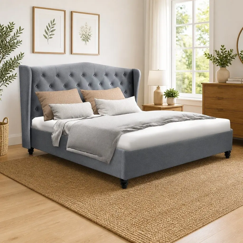 Double Bed Frame with Upholstered Headboard in Grey Steel Frame and Wooden Slat Base for Bedroom 190x137cm