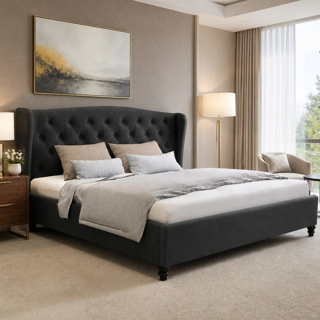 Charcoal Wing Headboard Bed Frame King Size Bedroom Sturdy Steel Structure