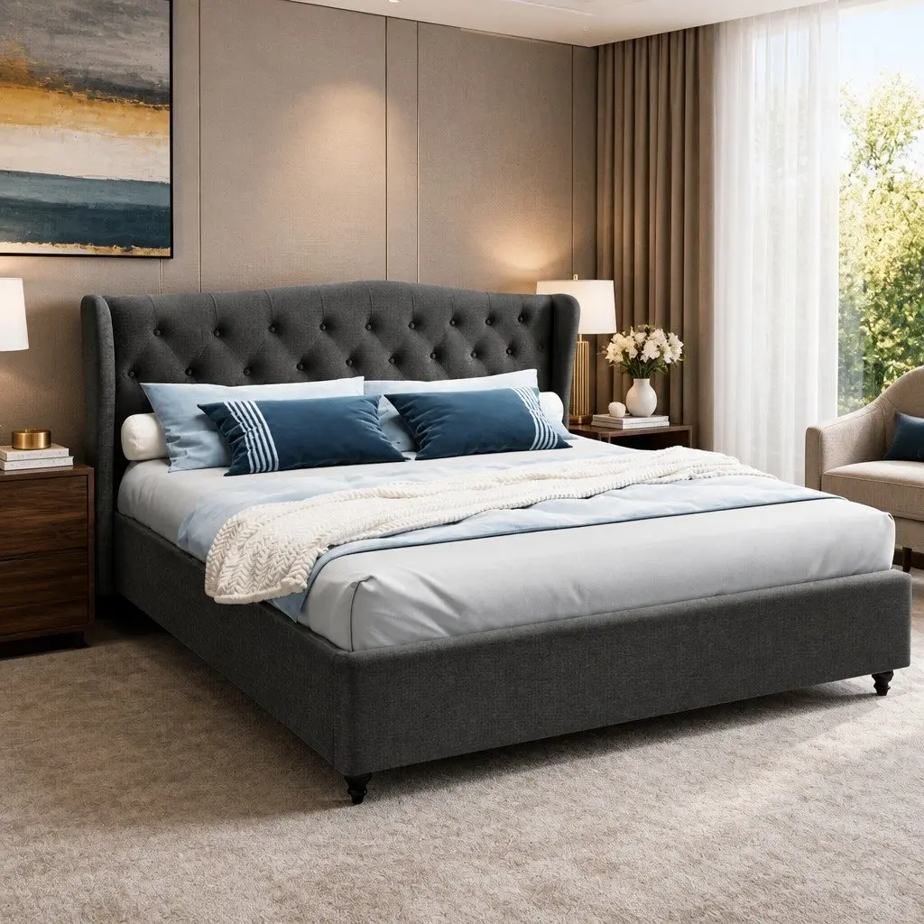 Charcoal Wing Headboard Bed Frame King Size Bedroom Sturdy Steel Structure