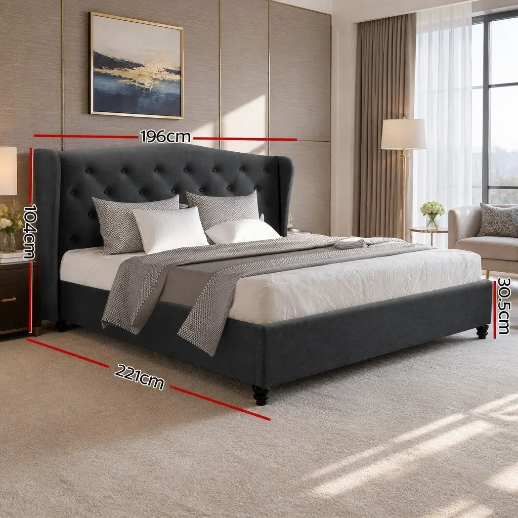 Charcoal Wing Headboard Bed Frame King Size Bedroom Sturdy Steel Structure