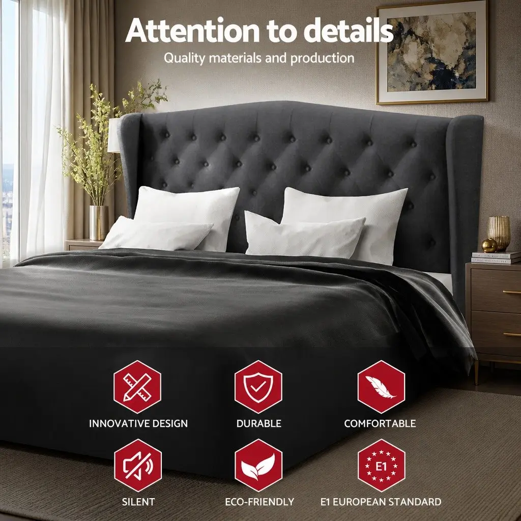 Charcoal Wing Headboard Bed Frame King Size Bedroom Sturdy Steel Structure