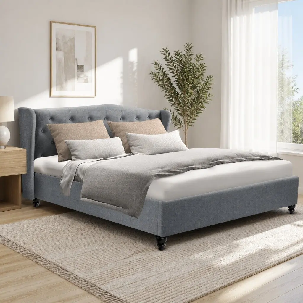 Queen Bed Frame with Wing Headboard