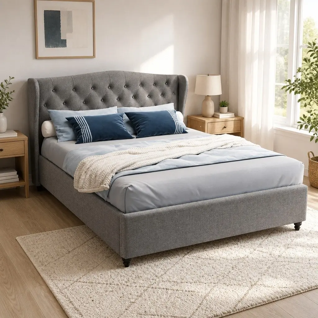Queen Bed Frame with Wing Headboard