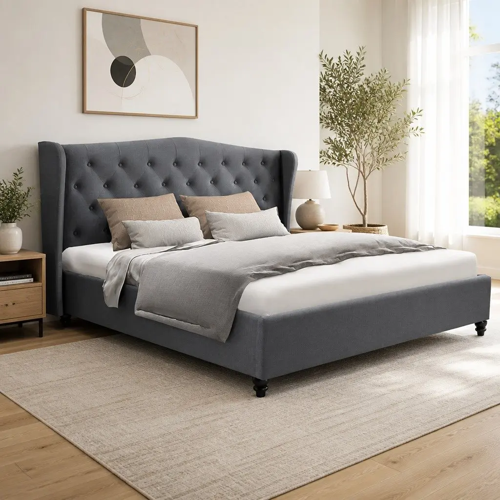 Queen Bed Frame with Wing Headboard