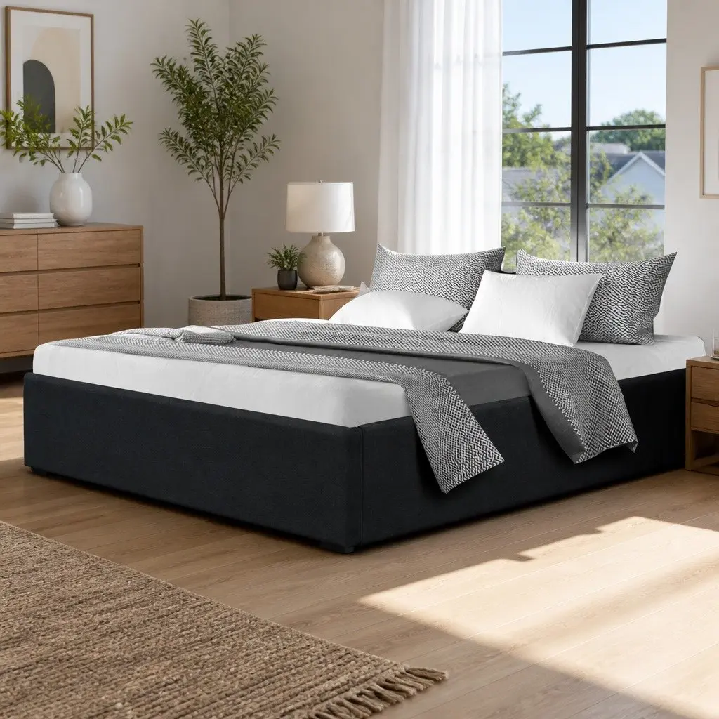 Double Size Gas Lift Bed Frame with Storage Base Charcoal Wooden Slats
