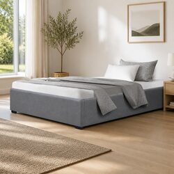 King Single Bed Frame Gas Lift Storage Base Grey Wooden Slats Steel Support