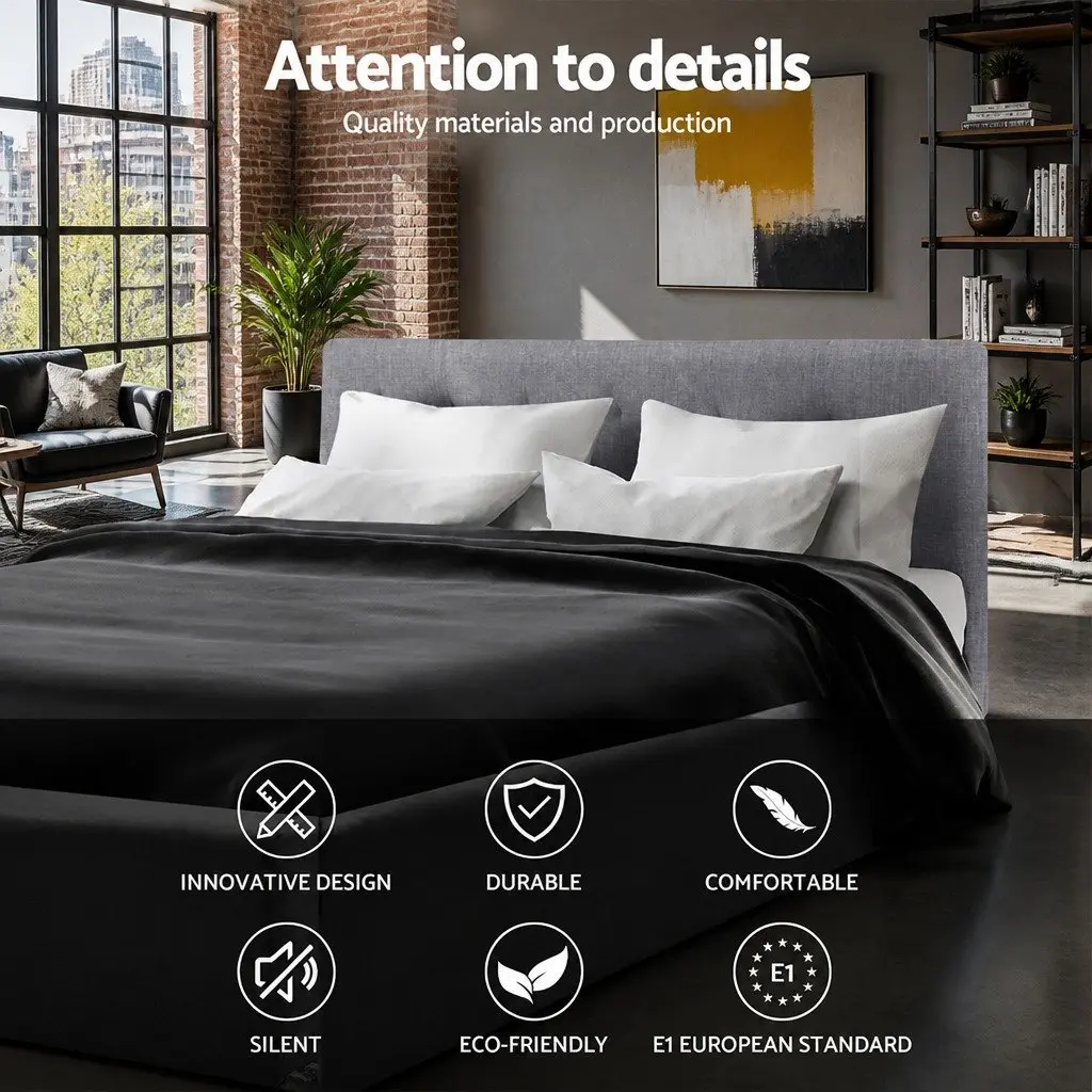 Double Bed Frame Grey Upholstered Headboard Wooden Slats Metal Legs Bedroom