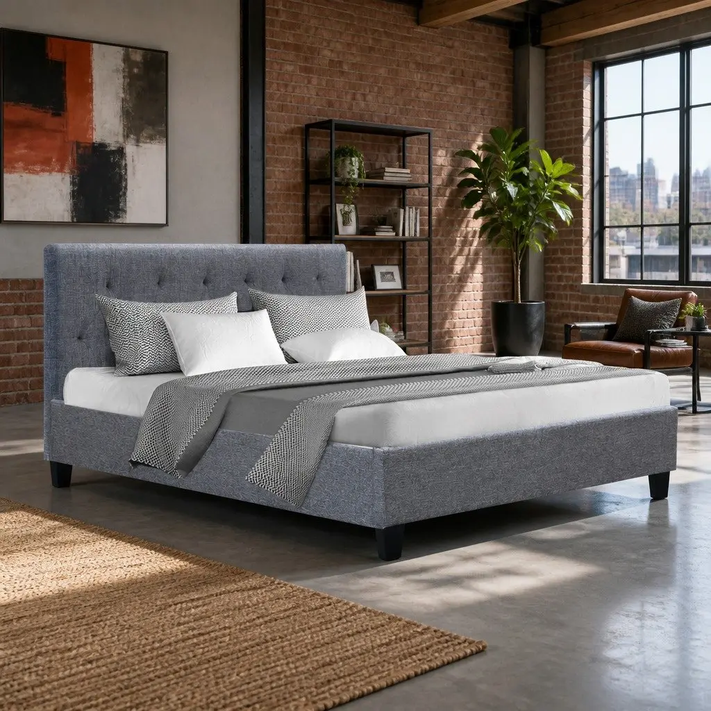 Double Bed Frame Grey Upholstered Headboard Wooden Slats Metal Legs Bedroom