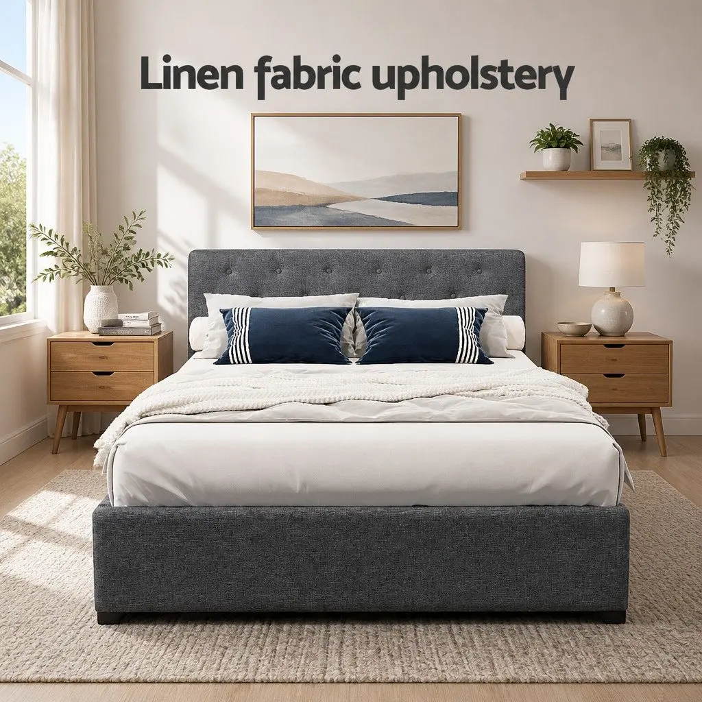 Double Size Gas Lift Bed Frame with Storage Charcoal Tufted Headboard Wooden