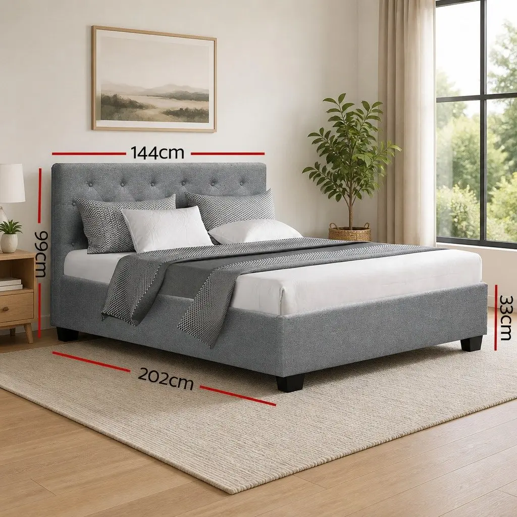 Double Size Gas Lift Bed Frame Grey Upholstered Storage Base Wooden Slat