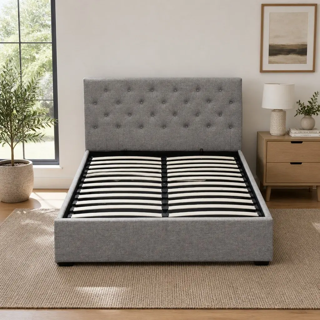 Double Size Gas Lift Bed Frame Grey Upholstered Storage Base Wooden Slat