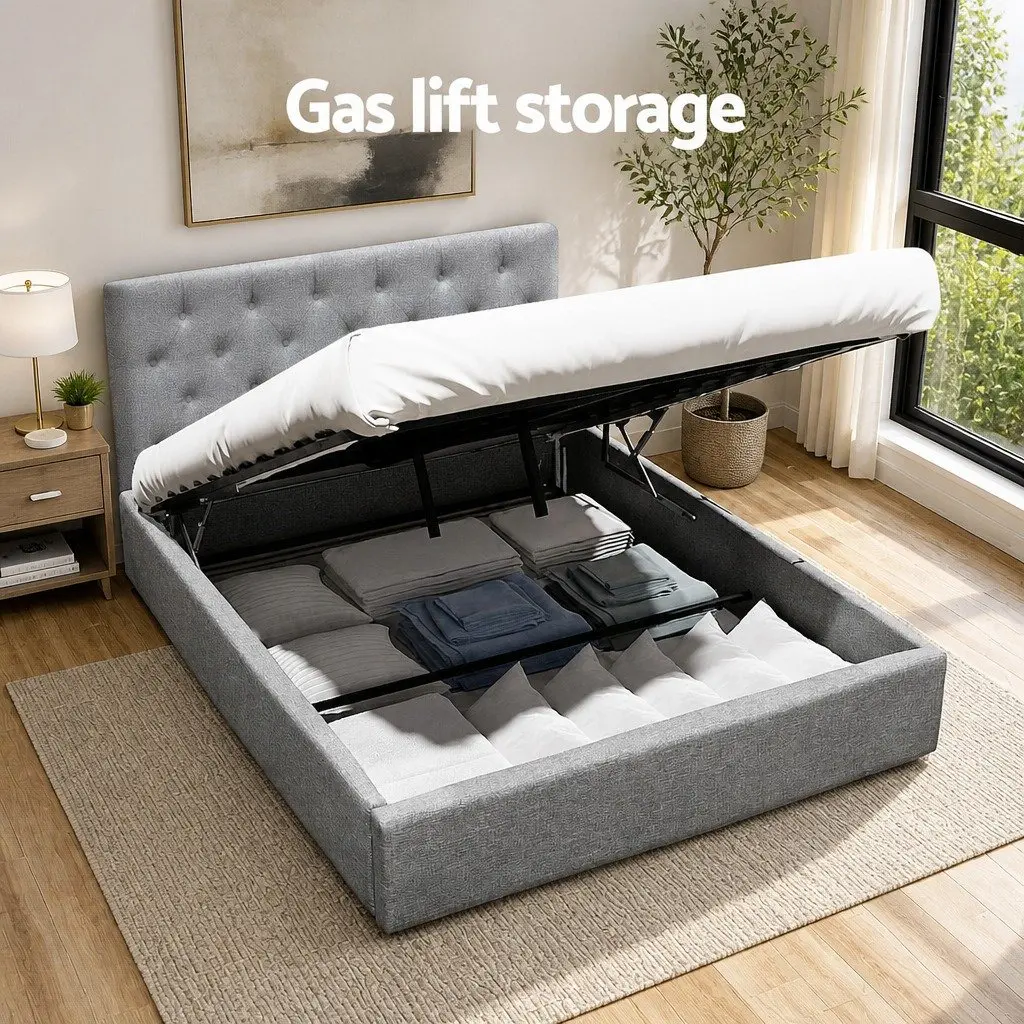Double Size Gas Lift Bed Frame Grey Upholstered Storage Base Wooden Slat