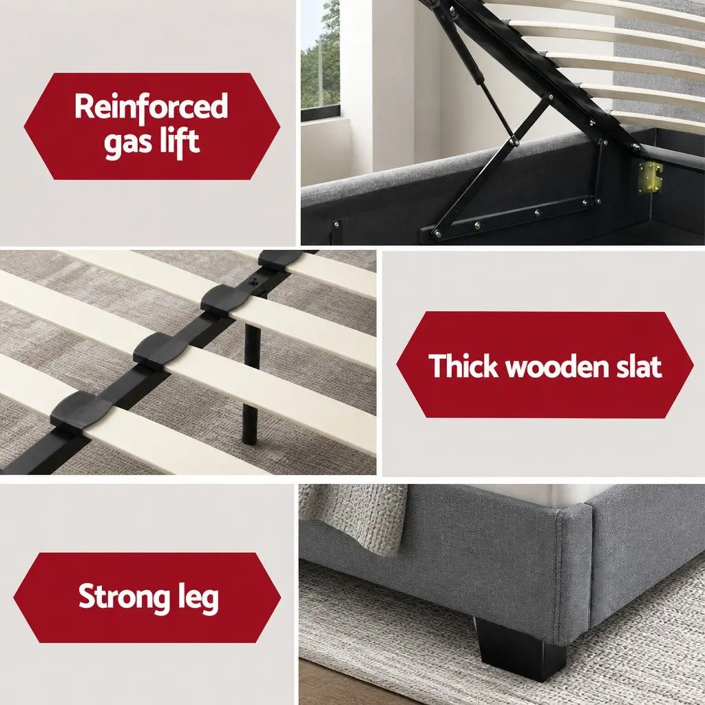Double Size Gas Lift Bed Frame Grey Upholstered Storage Base Wooden Slat