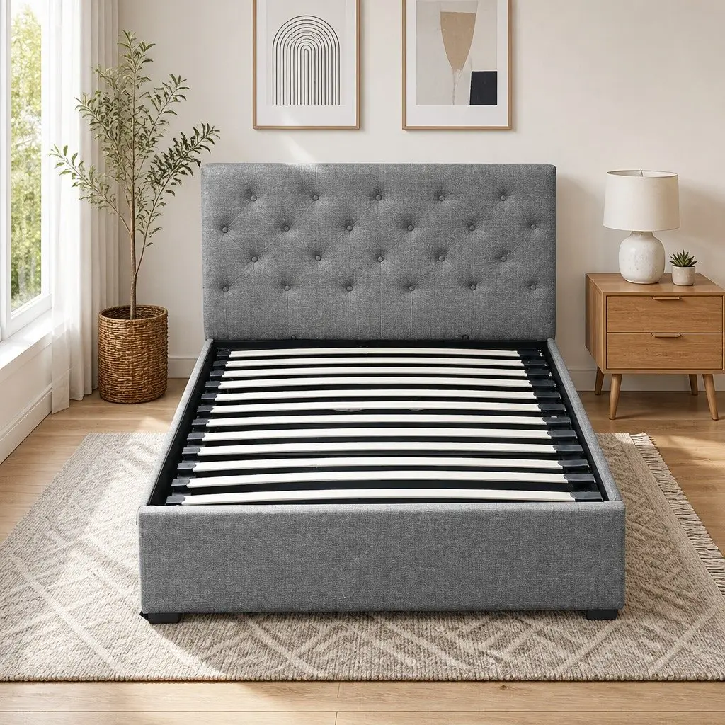 King Single Bed Frame Storage Grey Tufted Headboard 215.5 x 114 x 99cm