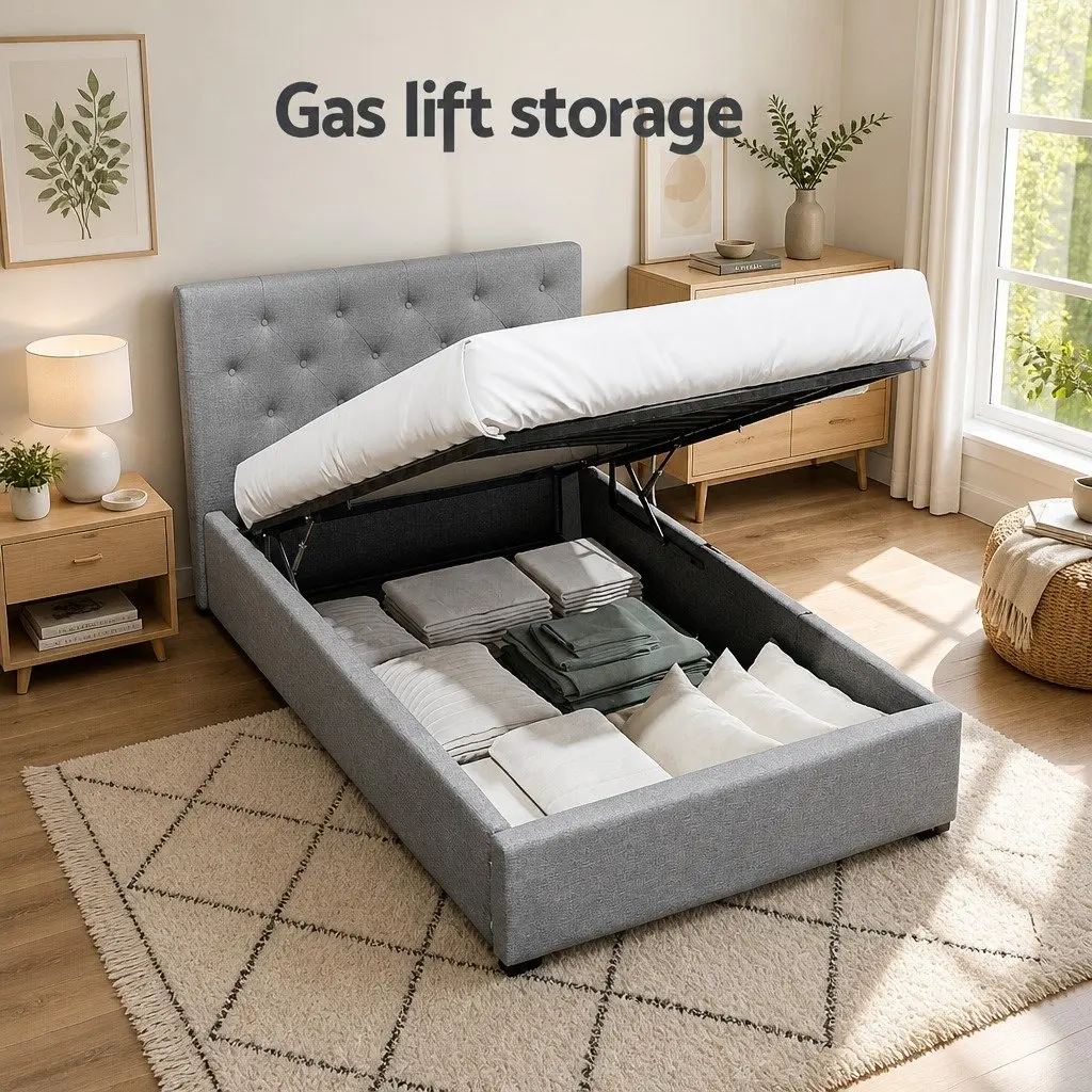 King Single Bed Frame Storage Grey Tufted Headboard 215.5 x 114 x 99cm