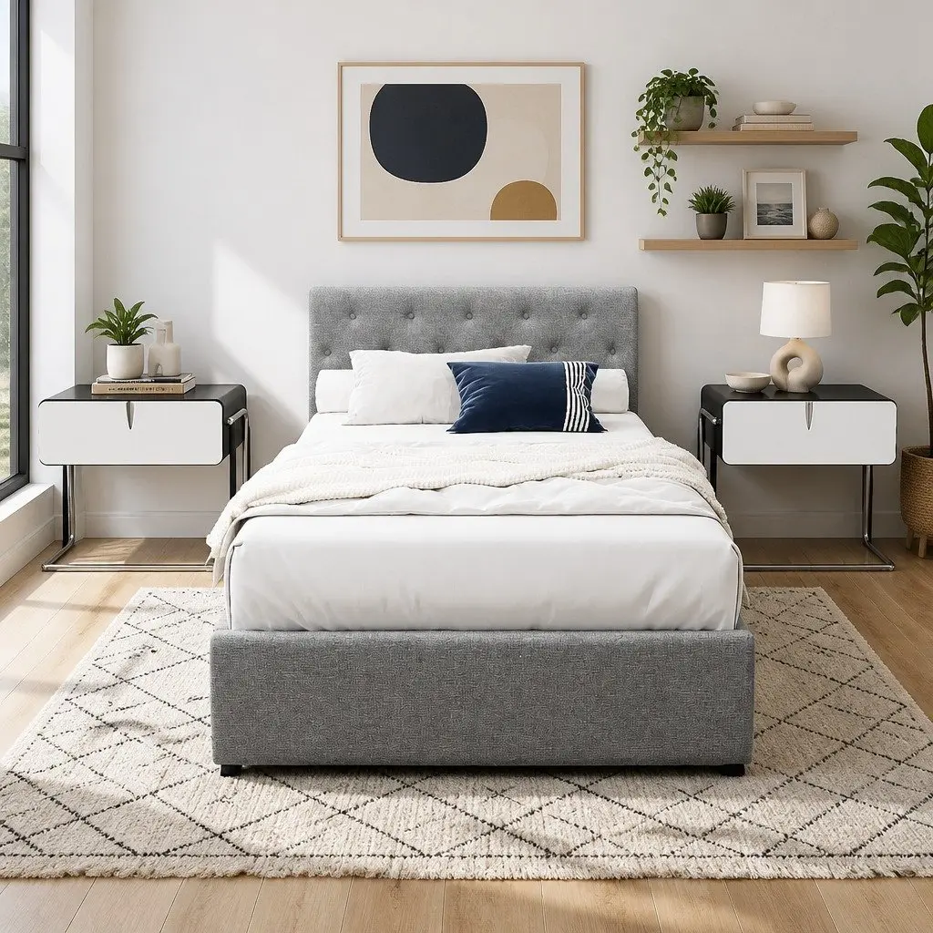 King Single Bed Frame Storage Grey Tufted Headboard 215.5 x 114 x 99cm