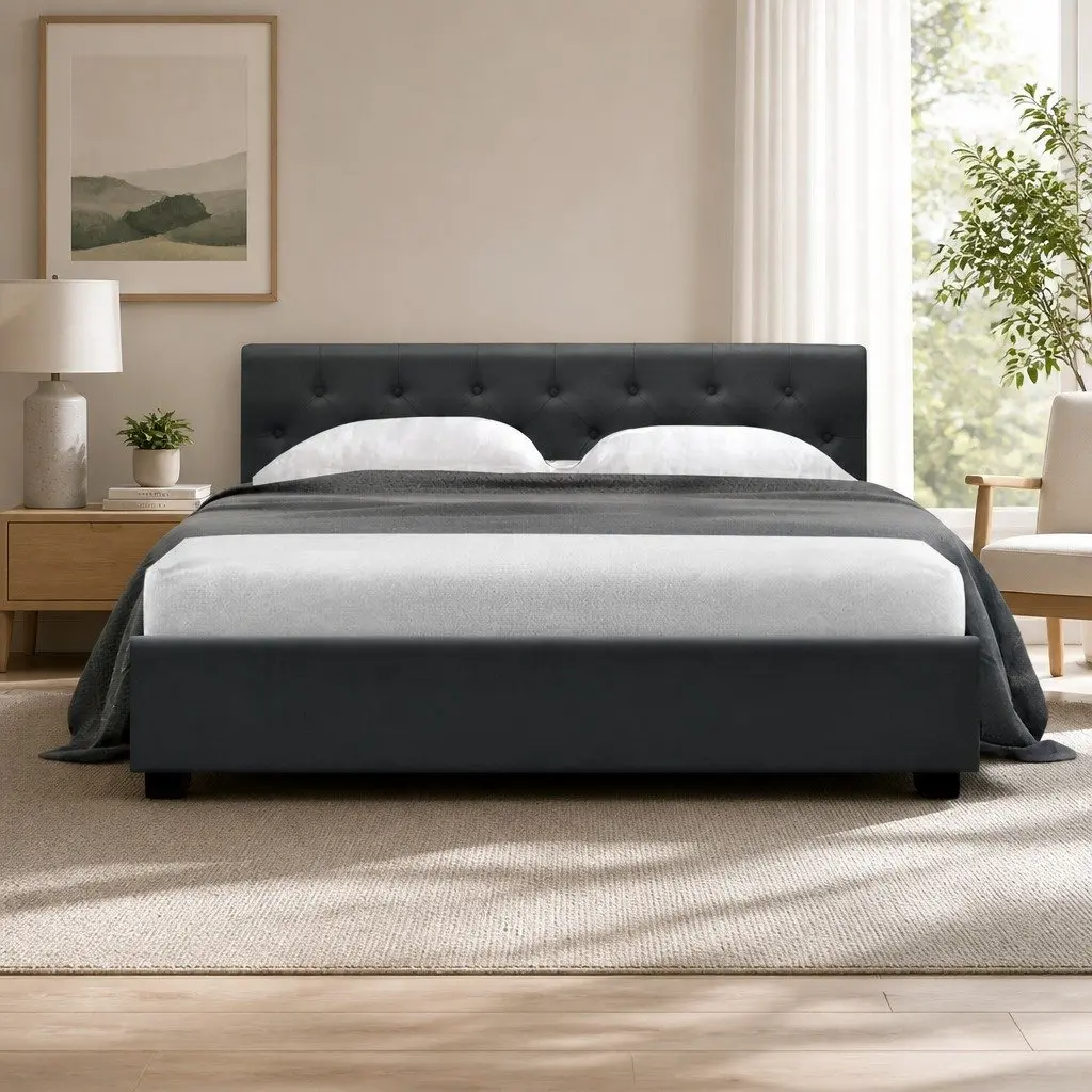 Queen Size Bed Frame Gas Lift Storage Charcoal Tufted Headboard Wooden Slat