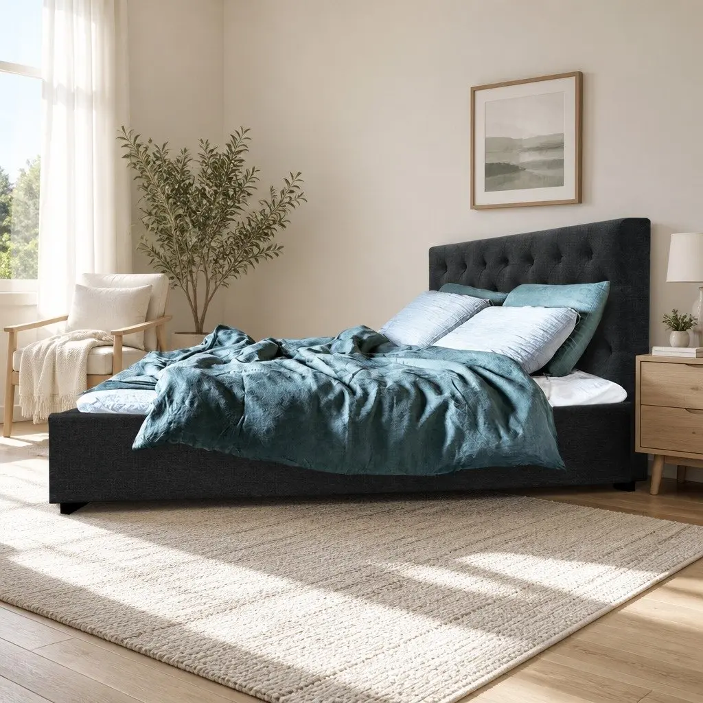 Queen Size Bed Frame Gas Lift Storage Charcoal Tufted Headboard Wooden Slat