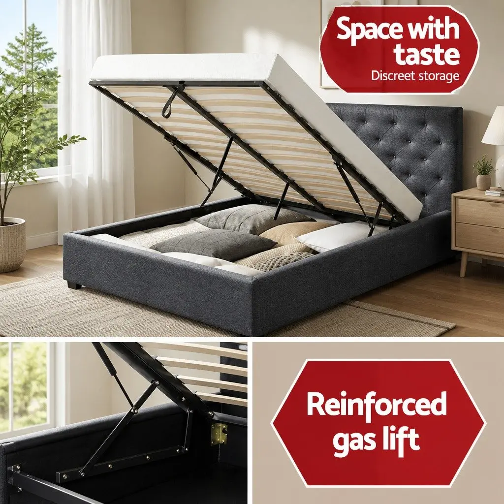 Queen Size Bed Frame Gas Lift Storage Charcoal Tufted Headboard Wooden Slat