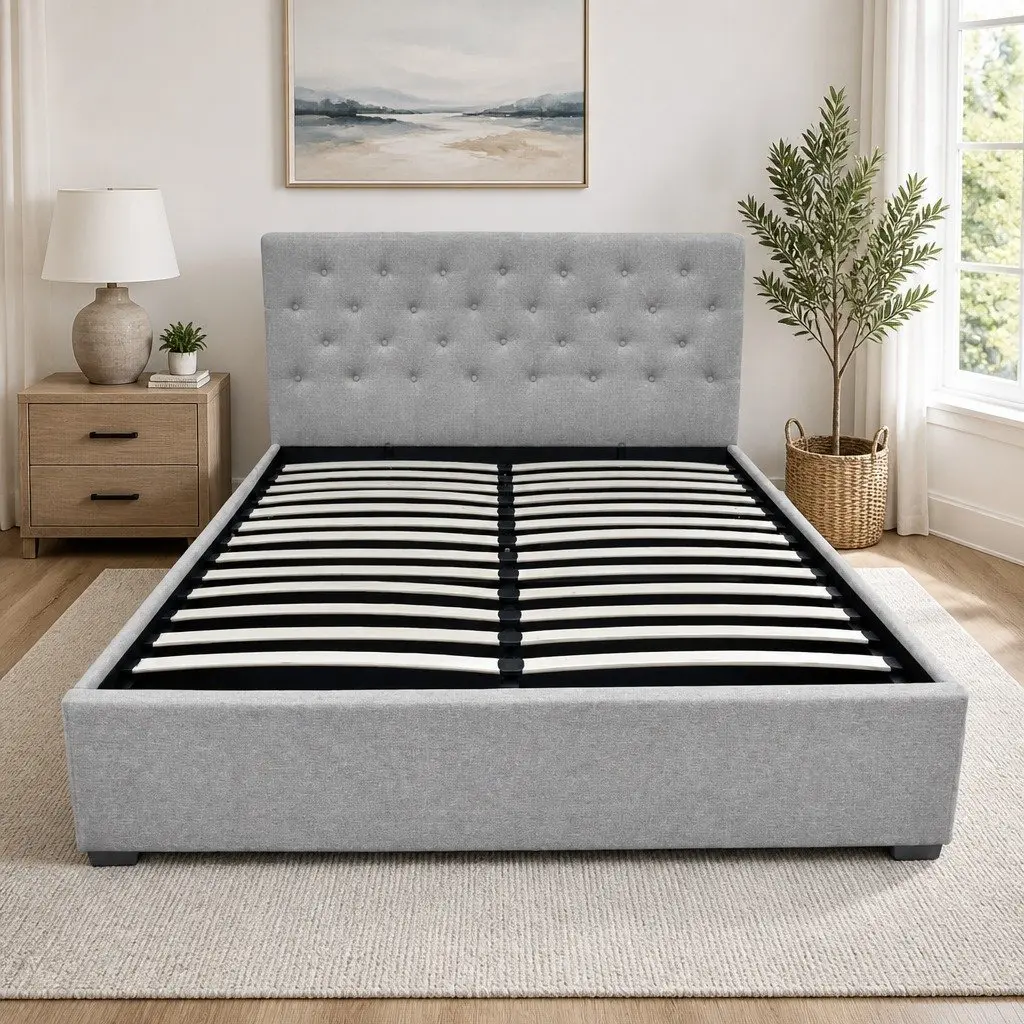 Queen Size Bed Frame Gas Lift Grey Upholstered Storage Bedroom Furniture