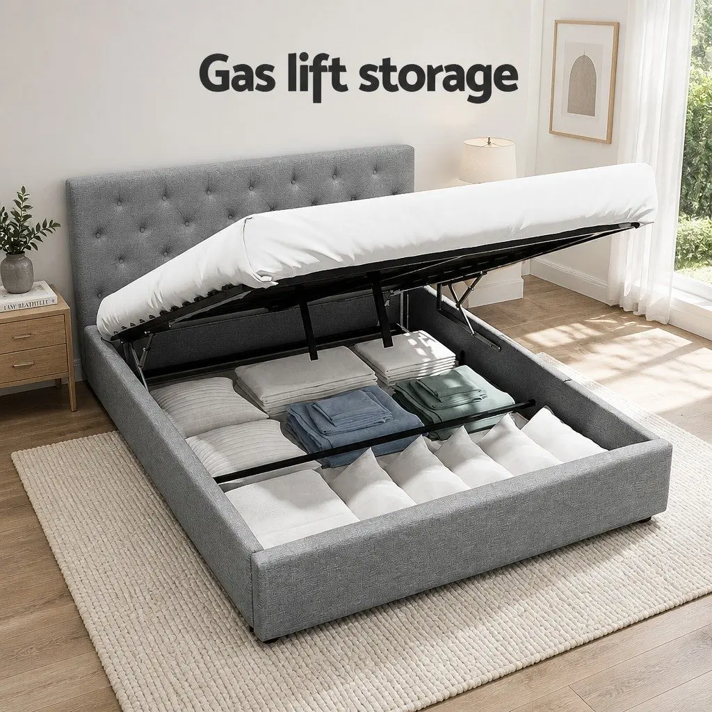 Queen Size Bed Frame Gas Lift Grey Upholstered Storage Bedroom Furniture