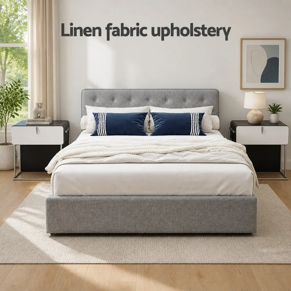Queen Size Bed Frame Gas Lift Grey Upholstered Storage Bedroom Furniture