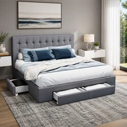King Size Bed Frame with 4 Storage Drawers Grey Upholstered Tufted Headboard
