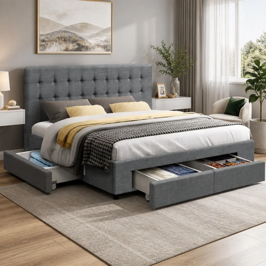 King Size Bed Frame with 4 Drawers