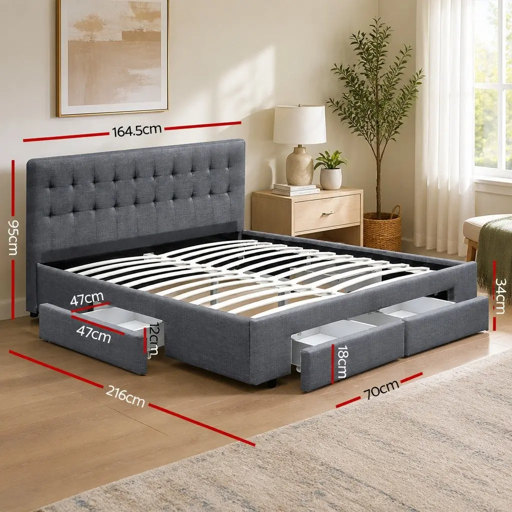 Queen Size Bed Frame with 4 Storage Drawers Tufted Headboard Grey Bedroom