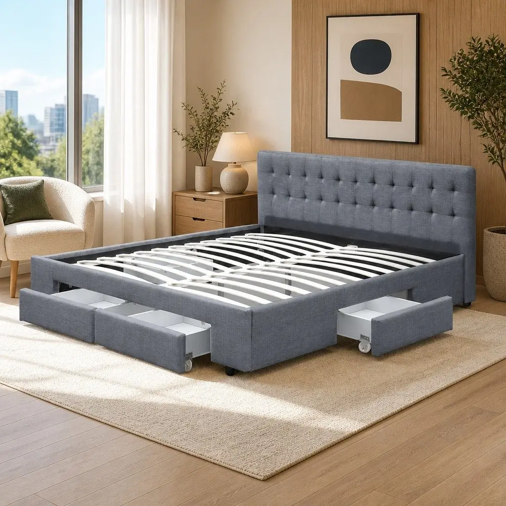 Queen Size Bed Frame with 4 Storage Drawers Tufted Headboard Grey Bedroom