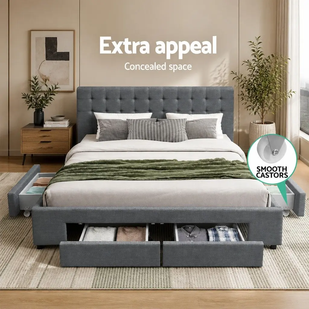Queen Size Bed Frame with 4 Storage Drawers Tufted Headboard Grey Bedroom