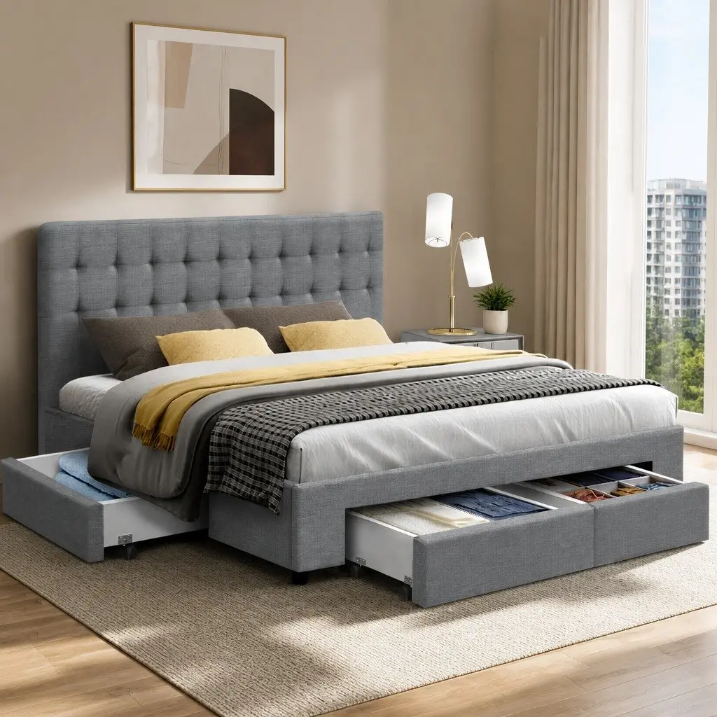 Queen Size Bed Frame with 4 Storage Drawers Tufted Headboard Grey Bedroom