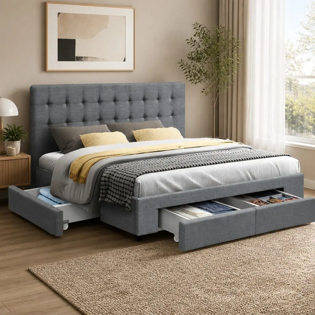 Queen Size Bed Frame with 4 Storage Drawers Tufted Headboard Grey Bedroom