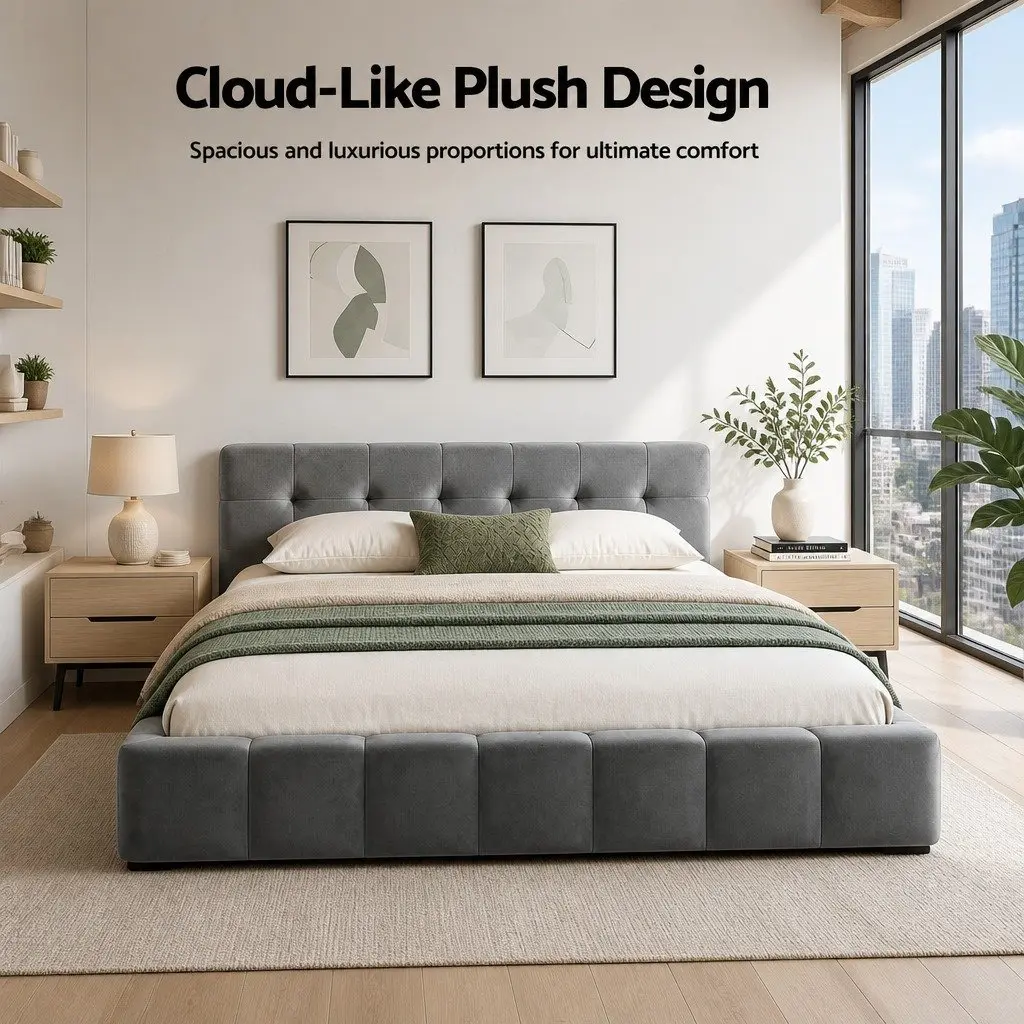 Double Bed Frame Grey Plush Velvet Headboard Modern Platform Base Bedroom 151W x 204L x 60H cm
