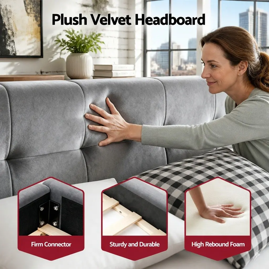 Double Bed Frame Grey Plush Velvet Headboard Modern Platform Base Bedroom 151W x 204L x 60H cm
