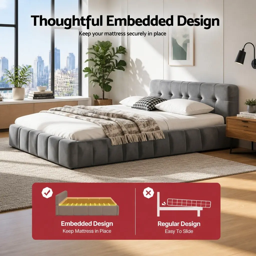 Double Bed Frame Grey Plush Velvet Headboard Modern Platform Base Bedroom 151W x 204L x 60H cm