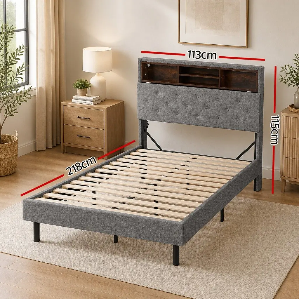 King Single Bed Frame with RGB LED Lights Storage Headboard Platform Slats